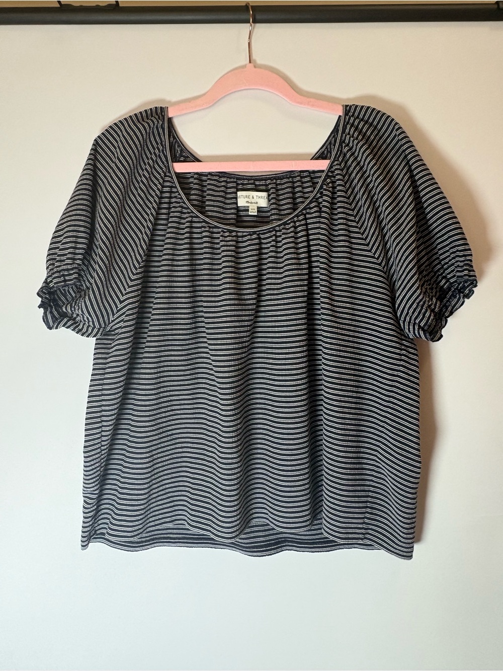 Madewell Black and White Striped Scoop Neck Puff Sleeve Top